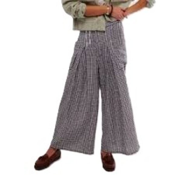 FREE PEOPLE East Side Gingham Plaid Wide Leg Trousers Pants Womens Large - Picture 1 of 13